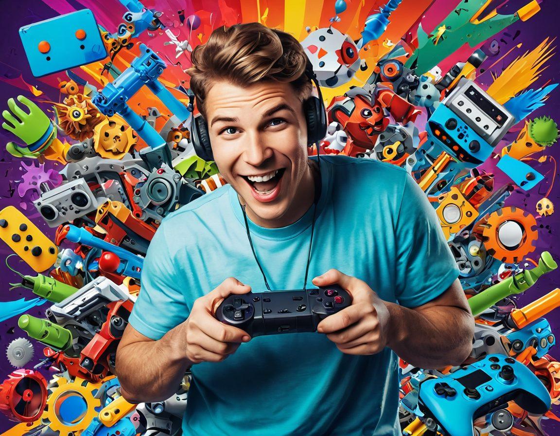 A vibrant, colorful collage featuring a joyful gamer surrounded by iconic game characters, tools, and mods in the background. The scene captures a sense of excitement and creativity with bright, playful elements representing various gaming genres. Include stylized game controller icons and modding elements like gears and paintbrushes scattered throughout. A sunburst effect in the backdrop symbolizes inspiration and innovation. cartoonish style. vibrant colors. white background.