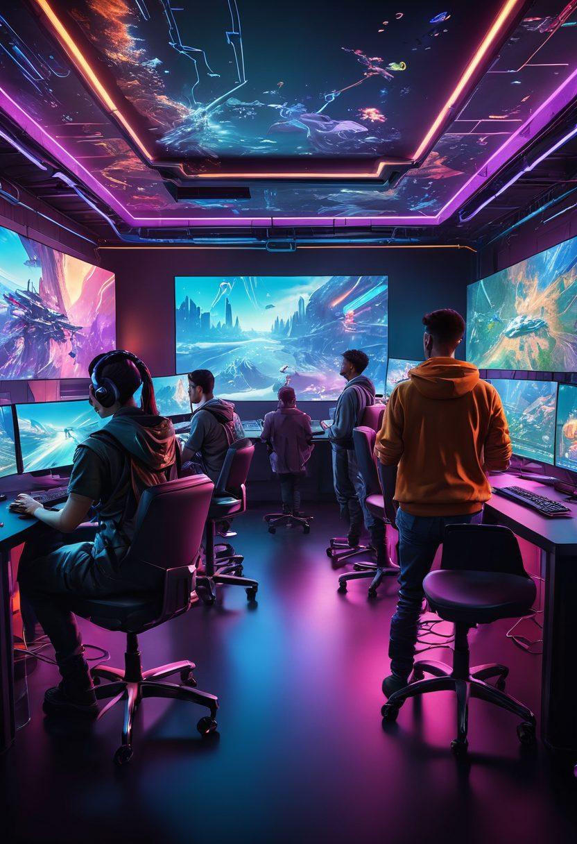 A vibrant scene of diverse gamers collaborating on a colorful, futuristic gaming platform with multiple screens displaying different game worlds. Include elements like holographic maps, animated characters, and a blend of consoles and PCs. Capture their expressions of excitement and teamwork in an interactive environment. super-realistic. vibrant colors. cyberpunk.