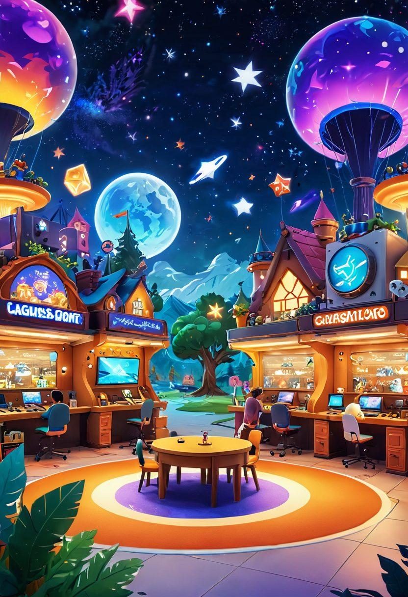 A vibrant gaming landscape filled with whimsical modded characters and colorful landscapes, showcasing players joyfully interacting with imaginative mods. Include a mix of playful elements like oversized controllers and sparkling stars, creating an atmosphere of fun and creativity. In the foreground, feature an inviting community hub with diverse gamers sharing tips. Bright, cartoonish style emphasizing enjoyment and camaraderie. super-realistic. vibrant colors. white background.